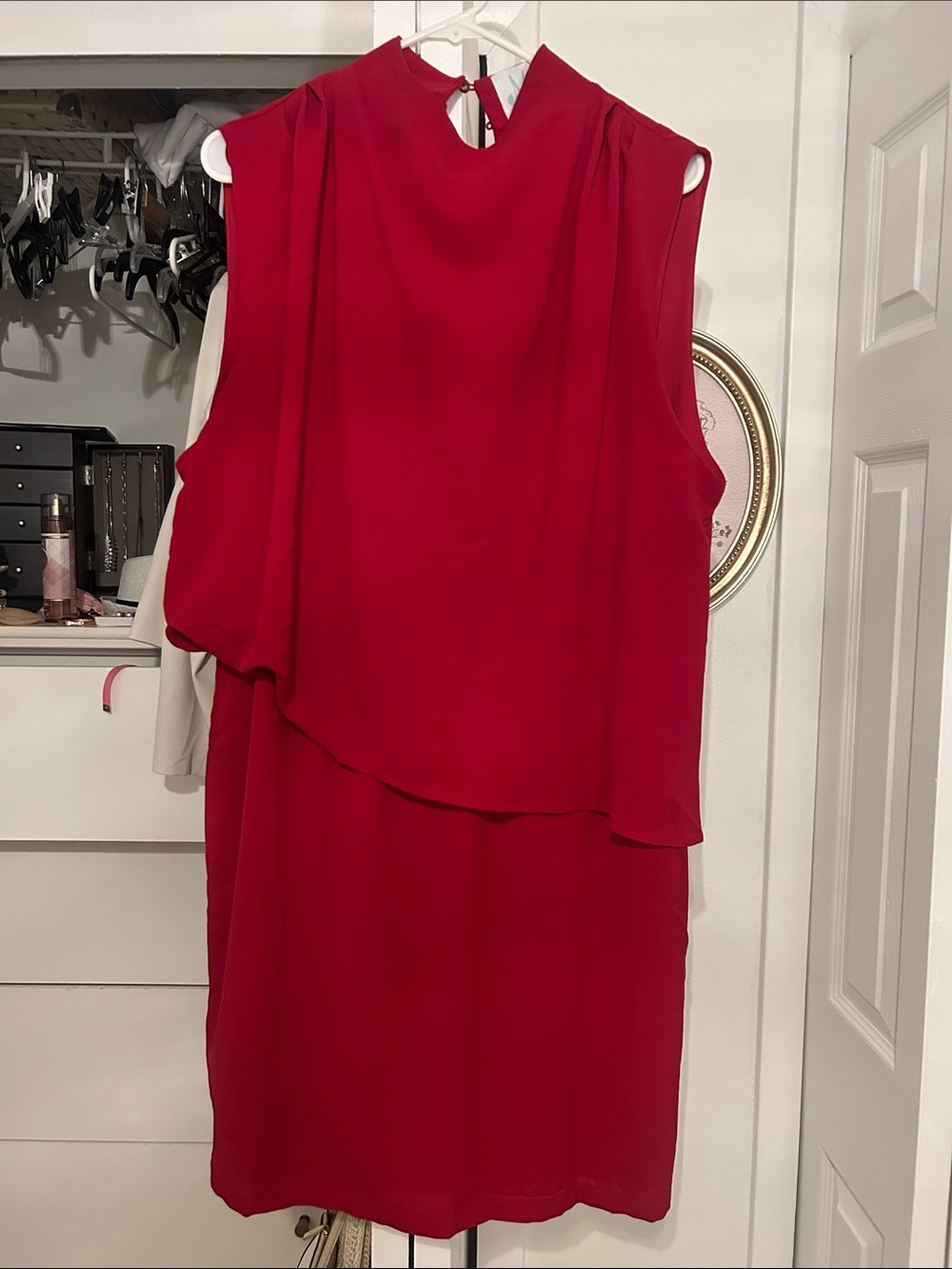 Sleeveless Red Midi Dress with Layered Overlay
